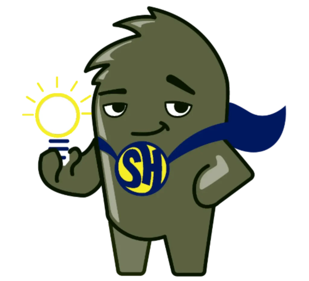 Illustration of Sage, the Studio Hero mascot, dressed as a superhero holding a glowing light bulb, standing beside the bold Studio Hero logo with a comic-style background and the caption ‘We Can Do This All Day.’
