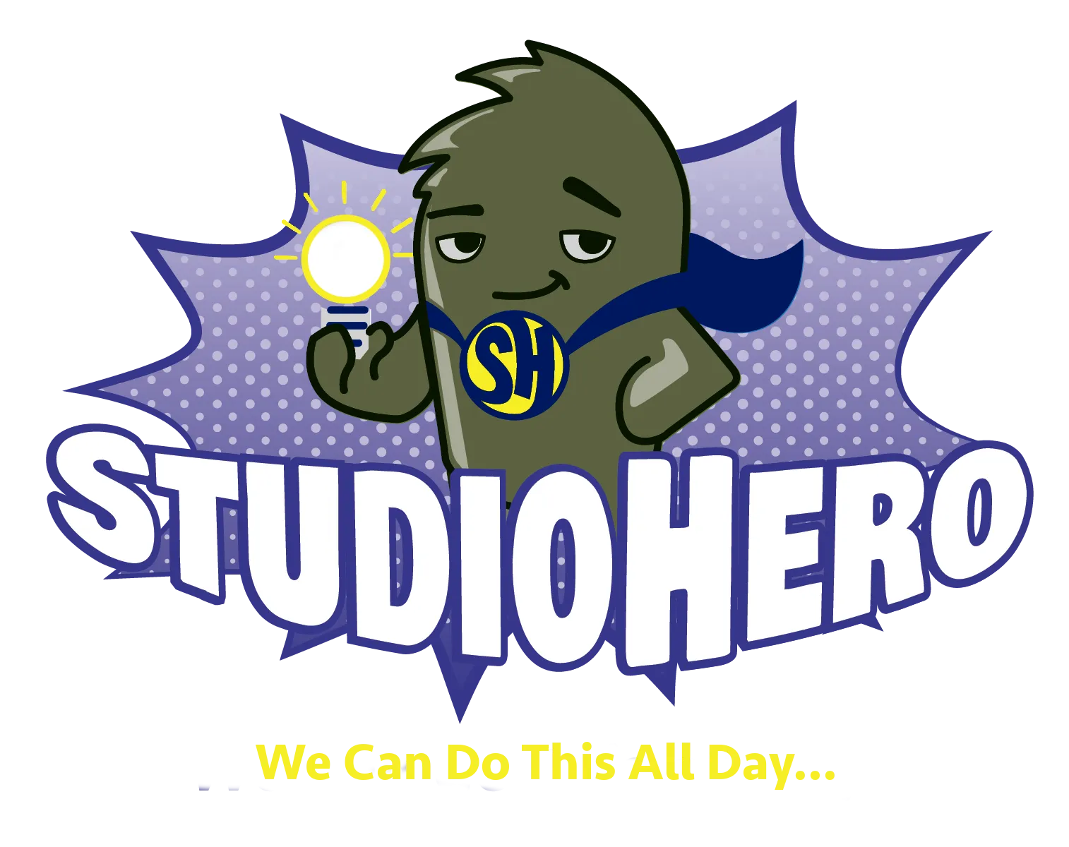 Illustration of Sage, the Studio Hero mascot, dressed as a superhero holding a glowing light bulb, standing beside the bold Studio Hero logo with a comic-style background and the caption ‘We Can Do This All Day.’