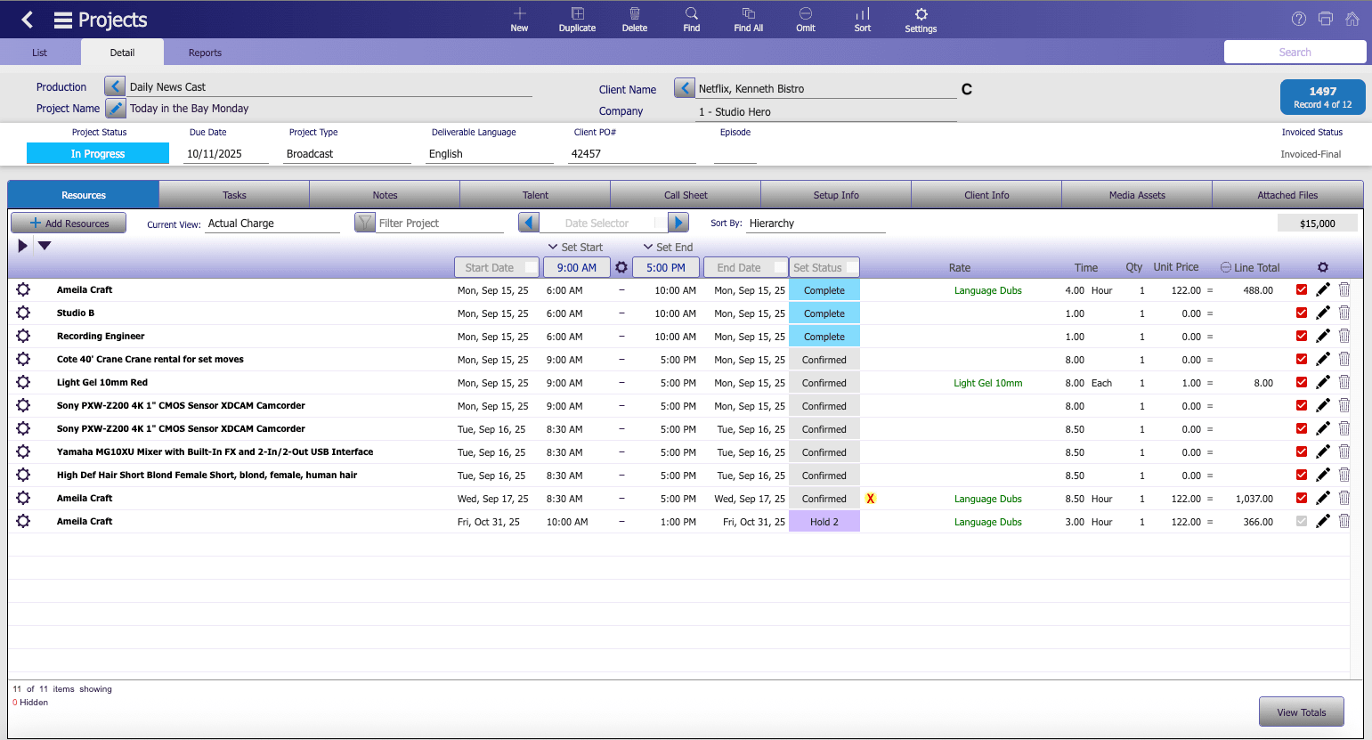 The Studio Hero software interface displaying the Equipment Tracking module. This detailed screen allows studios to manage equipment efficiently by tracking inventory, scheduling usage, monitoring maintenance, and utilizing barcode scanning. The dashboard lists gear including cameras, desks, and cranes with Inventory Tracking, Budgeting, and Scheduling data.