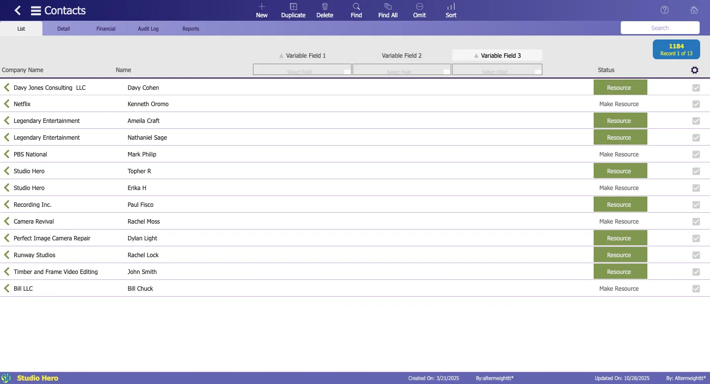 StudioHero Contacts Management List View – centralized contact directory showing all crew, clients, vendors, and partners with quick access to status and search filters.