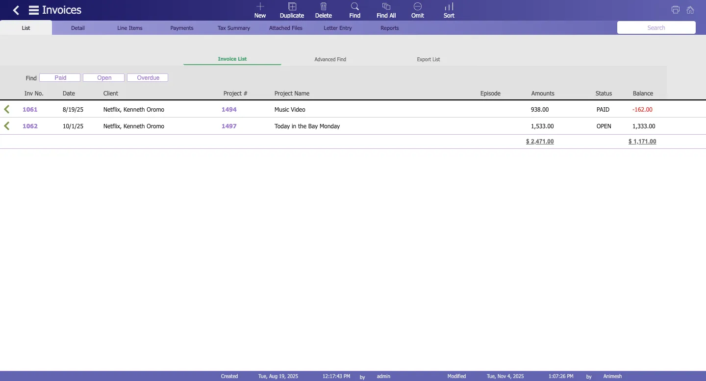 StudioHero’s Invoice List showing two invoices with columns for invoice number, date, client, project number, project name, episode, amount, status, and balance, with paid and open invoice indicators.