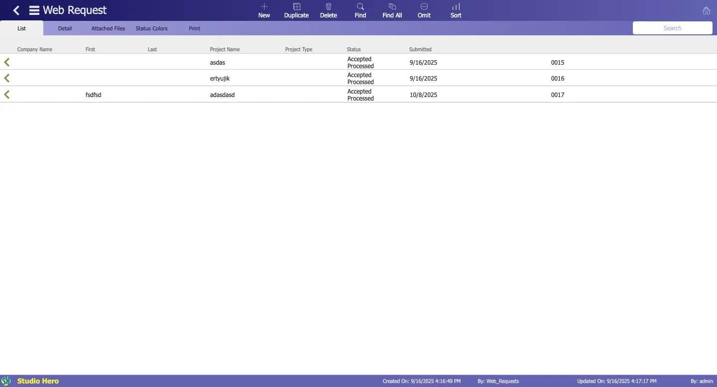 StudioHero Client Booking Portal Request List – Overview of all client booking submissions with project names, types, statuses, and submission dates.