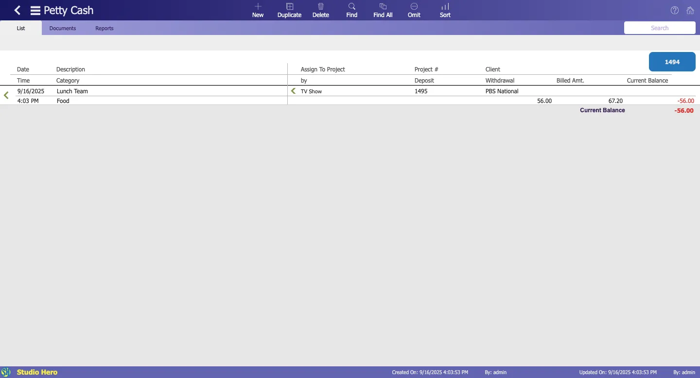 StudioHero petty cash list view displaying categorized on-set expenses, project assignments, billed amounts, and live balance updates for real-time budget tracking.