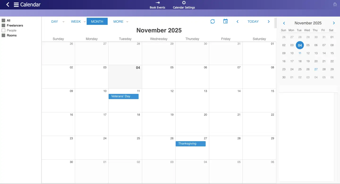 StudioHero studio scheduling calendar displaying day, week, and month views with color-coded events and resource filters for streamlined production timelines.