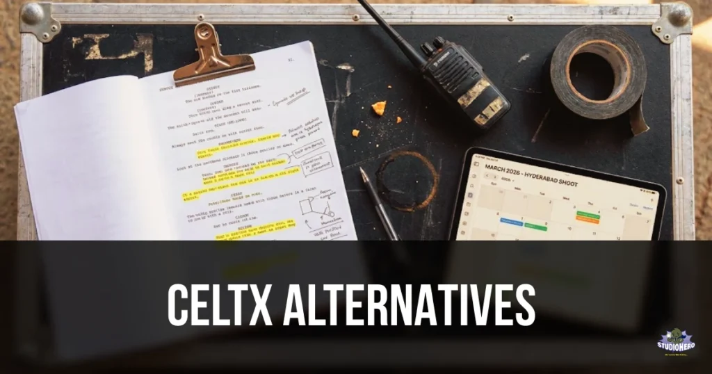 A production road case showing an open script with manual breakdown highlights next to a tablet displaying a digital shooting schedule, illustrating the transition from screenwriting to pre-production planning managed by top Celtx alternatives.