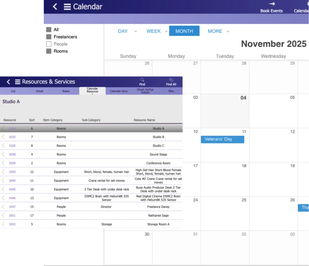 Studio Hero scheduling feature for booking resources in Film & Video Production, Music / Audio Post, Broadcast TV & Radio, Podcast Studios, Creative Media Agencies, Photography Studios, Equipment Rental Houses, and Post-Production and Archival Facilities.
