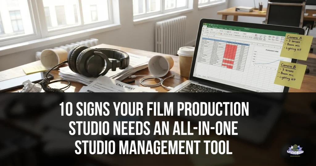 A modern film production studio office desk is cluttered with disorganized paper call sheets, sticky notes with gear lists, two-way radios, and a laptop displaying a complex spreadsheet schedule, illustrating the chaotic workflow that signals a studio needs an all-in-one studio management tool.