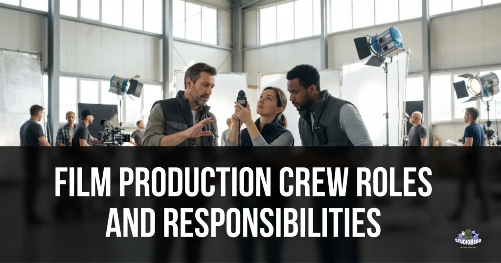 Key film production department heads—including the Director, Director of Photography, and First Assistant Director—discussing a shot using a light meter on a busy studio set, illustrating the collaborative film production crew roles and responsibilities required in professional crew management and film production scheduling.