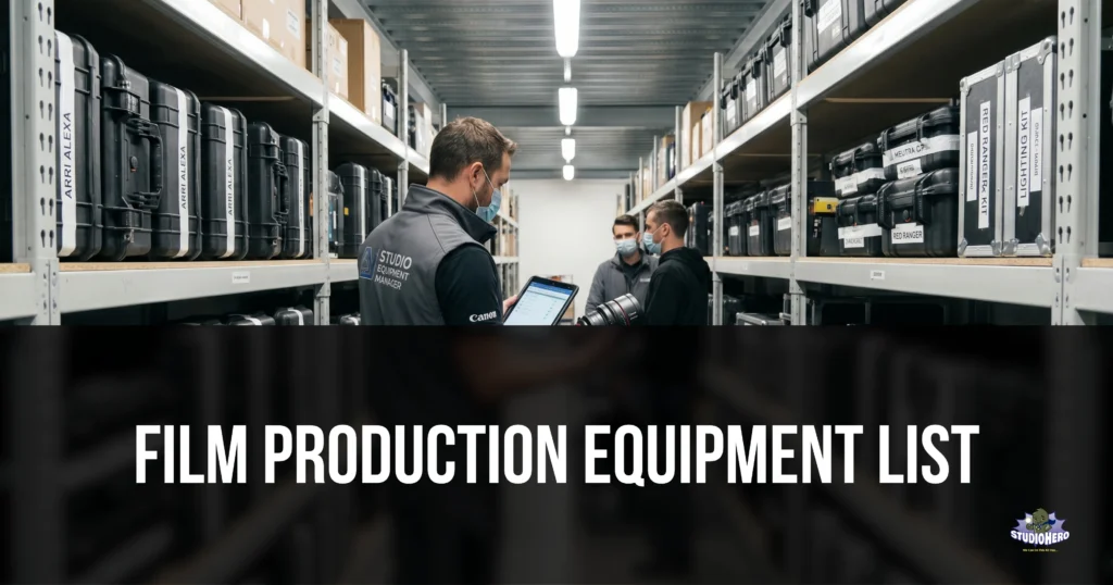In a well-organized studio gear room, a production manager uses a digital inventory tablet to review a comprehensive film production equipment list with two crew members, demonstrating how professional studio management software prevents shared equipment tracking mistakes and streamlines multi-project film production operations.