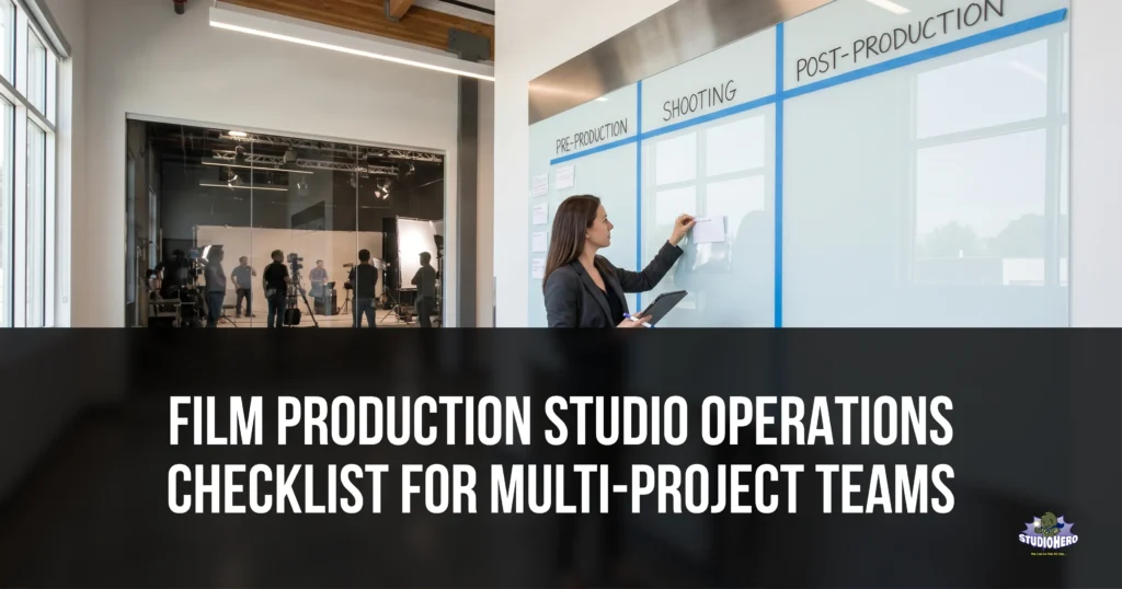 A studio manager updates a physical film production studio operations checklist on a glass board—spanning pre-production, shooting, and post-production operations—while a crew actively films in the background soundstage. This visualizes the complexity of multi-project film production management, demonstrating why modern studio operations management requires a digital production management platform for accurate shared equipment tracking, crew scheduling multiple productions, and overall studio resource management.