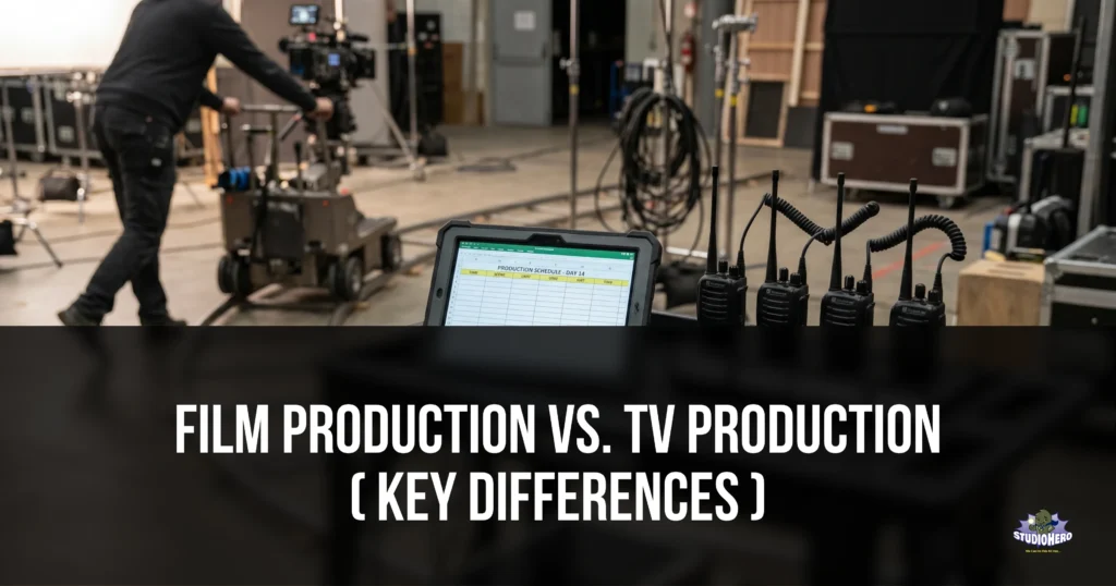 A camera operator pushes a heavy cinema camera rig on a dolly track across a film production stage, with a tablet displaying a digital production schedule and two-way radios resting on a gear cart in the foreground. This visualizes the complex operational coordination and resource management required in both film production and TV production workflows.
