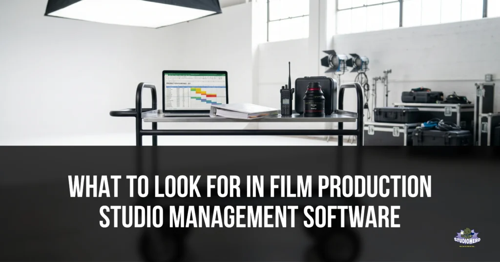 A tablet displaying a digital production schedule rests on a studio gear cart next to a two-way radio and a cinema lens, while a crew member maneuvers a camera dolly on the film set in the background, demonstrating the key features to look for in film production studio management software.