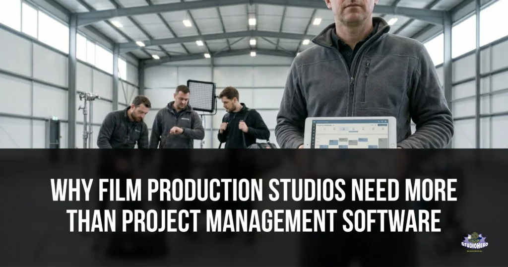 In a busy film production studio, a manager holds a tablet displaying a detailed color-coded production schedule, while in the background, a crew sets up lighting and a heavy cinema camera on a dolly. This visualizes why complex studio operations require specialized production management software rather than generic project task trackers.