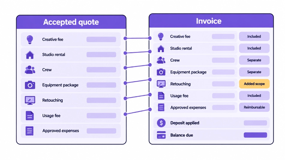 Invoice line-item infographic showing an accepted quote connected to an invoice, with matching creative fee, studio rental, crew, equipment package, retouching, usage fee, and approved expenses, plus deposit applied and balance due.