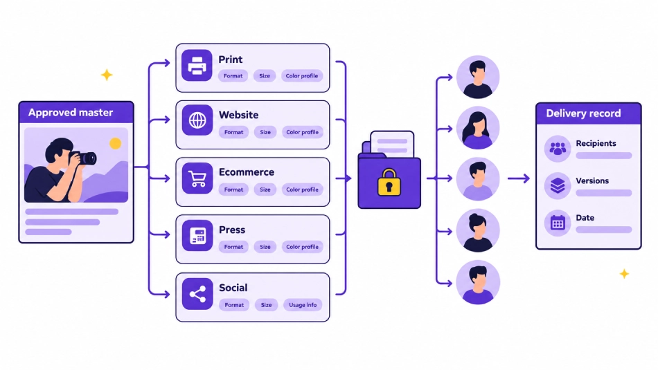 Photography image delivery workflow showing approved master files, delivery formats for print, website, ecommerce, press and social media, secure file delivery, recipients, and delivery record.