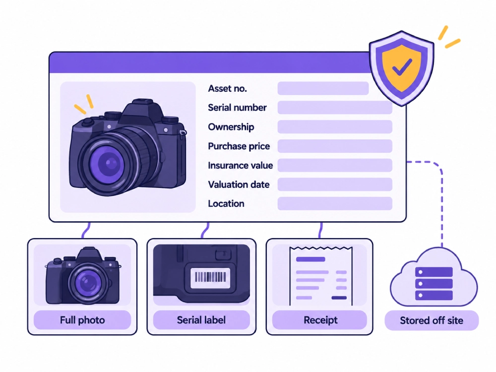 Camera equipment asset record infographic showing asset details, insurance information, full photo, serial label, receipt, a security shield, and off-site storage documentation.