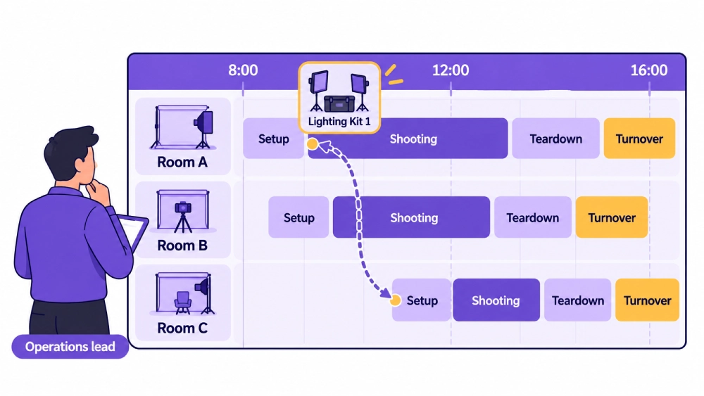 Photography studio operations scheduling board showing Room A, Room B, and Room C timelines with setup, shooting, teardown, and turnover blocks, while Lighting Kit 1 moves between rooms.