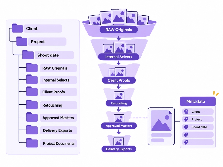 Photography file organization workflow showing a folder structure from Client and Project to RAW Originals, Internal Selects, Client Proofs, Retouching, Approved Masters, Delivery Exports, and Project Documents, with metadata tags.