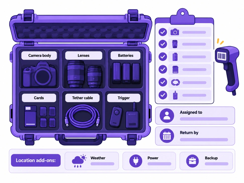 Photography gear checkout checklist with camera equipment, barcode scanner, and return details.