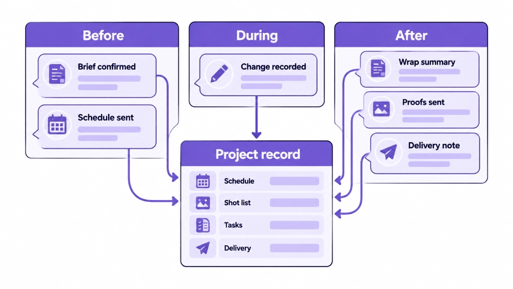 Photography client communication workflow showing Before, During, and After messages feeding into a central project record with Schedule, Shot list, Tasks, and Delivery fields.