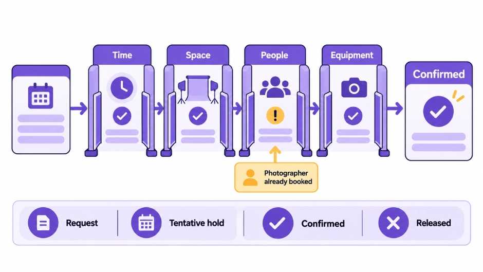 Photography studio booking workflow checking time, space, people, and equipment before confirmation.