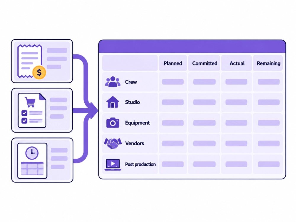 Photography shoot cost tracking infographic showing receipts, purchase orders, and timesheets feeding into a project cost dashboard with Planned, Committed, Actual, and Remaining columns for Crew, Studio, Equipment, Vendors, and Post production