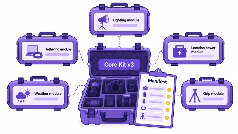 Professional photography studio equipment kit featuring a core gear case with dedicated lighting, tethering, power, weather, and grip modules, alongside a gear manifest checklist.