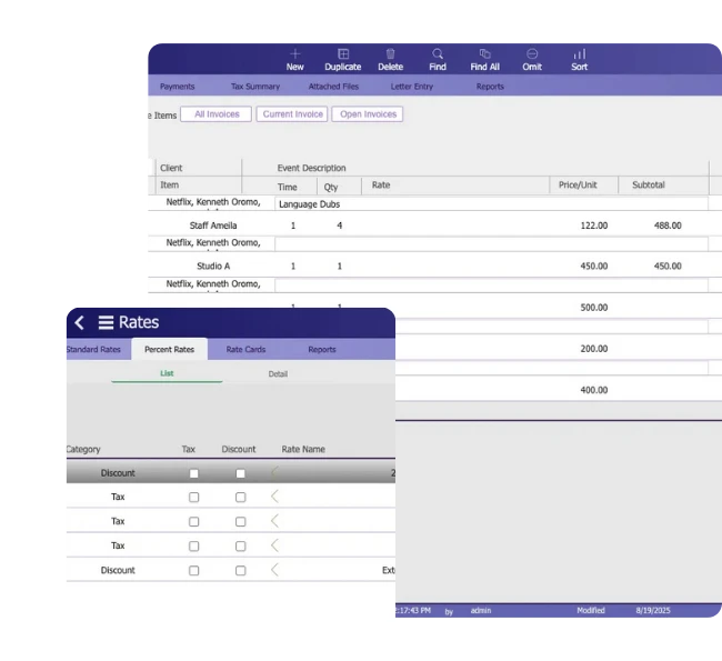 Studio Hero invoice pricing showing rates unit prices taxes and discounts applied to production charges
