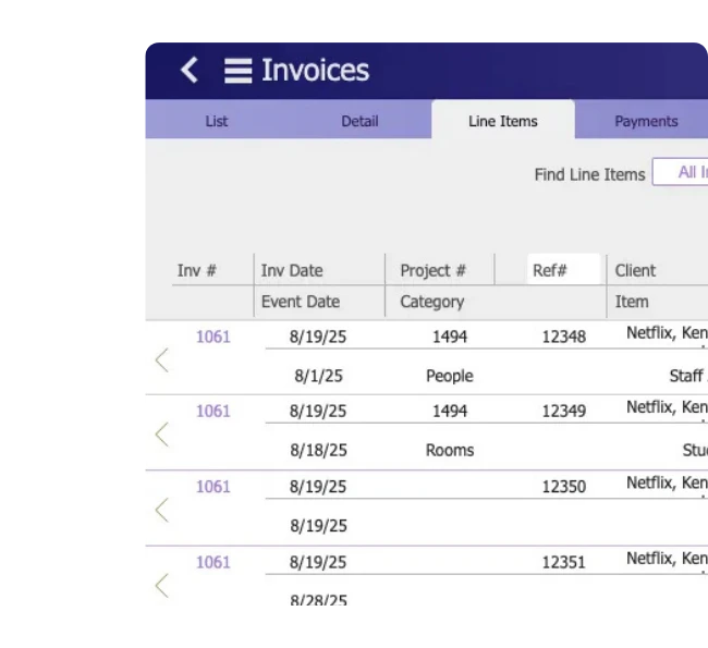 Studio Hero production billing line items showing Projects Events Sessions services time quantities rates and charges