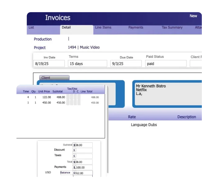 Studio Hero production invoice showing Client Project billing terms due date line items payments and balance