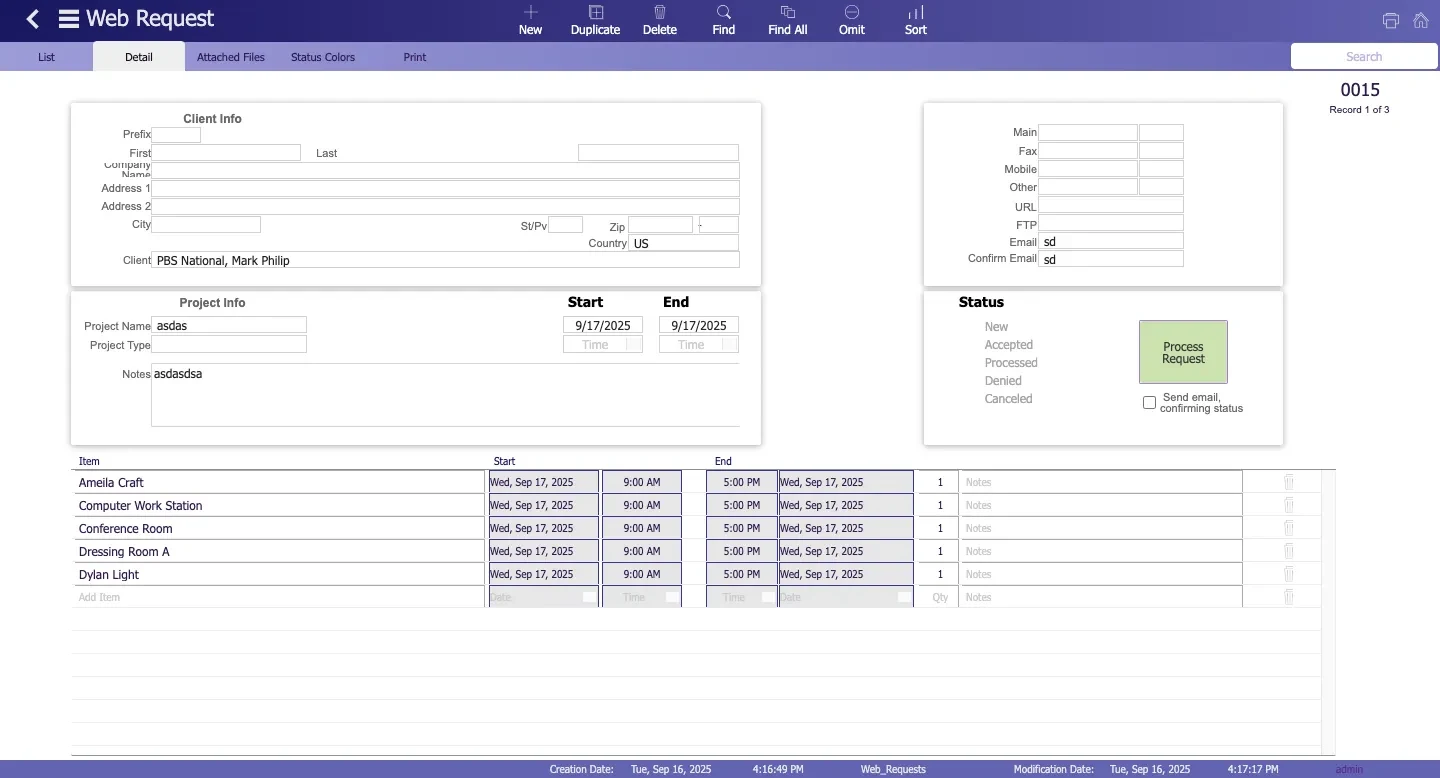 Studio Hero client booking request with client details, company information, project name, project type, and booking notes