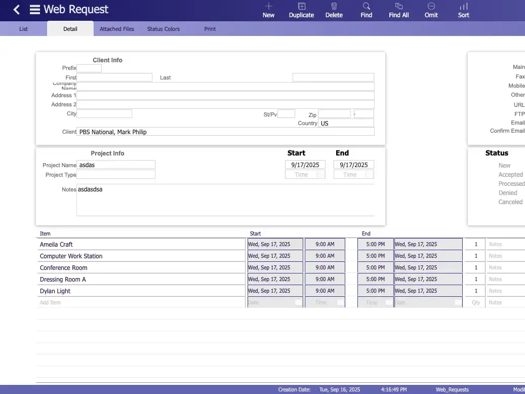 StudioHero Client Booking Portal Request Detail – Full client request details including client info, project info, booking dates, selected resources, and request status actions.