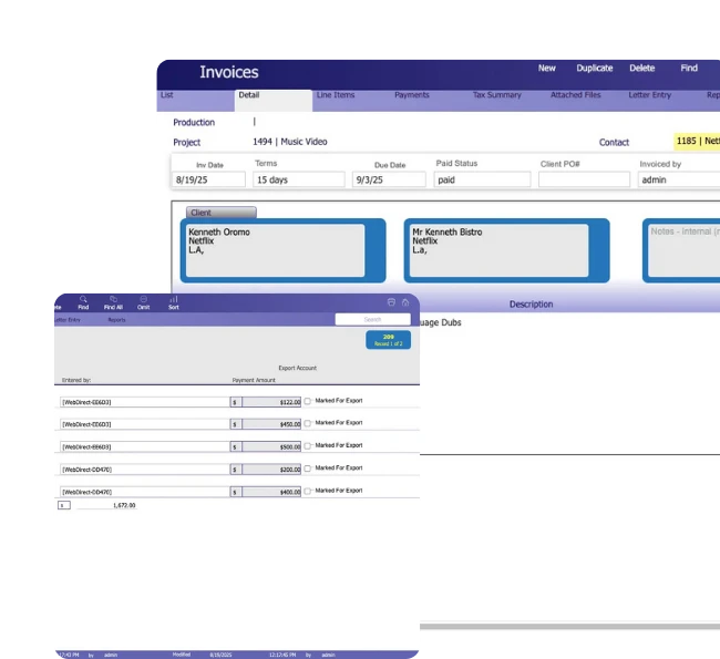 Studio Hero invoicing accounting workflow showing invoice currency export accounts and payment export controls