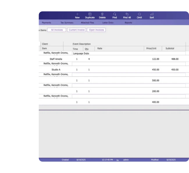 Studio Hero invoice line items with quantities rates taxes discounts and line totals