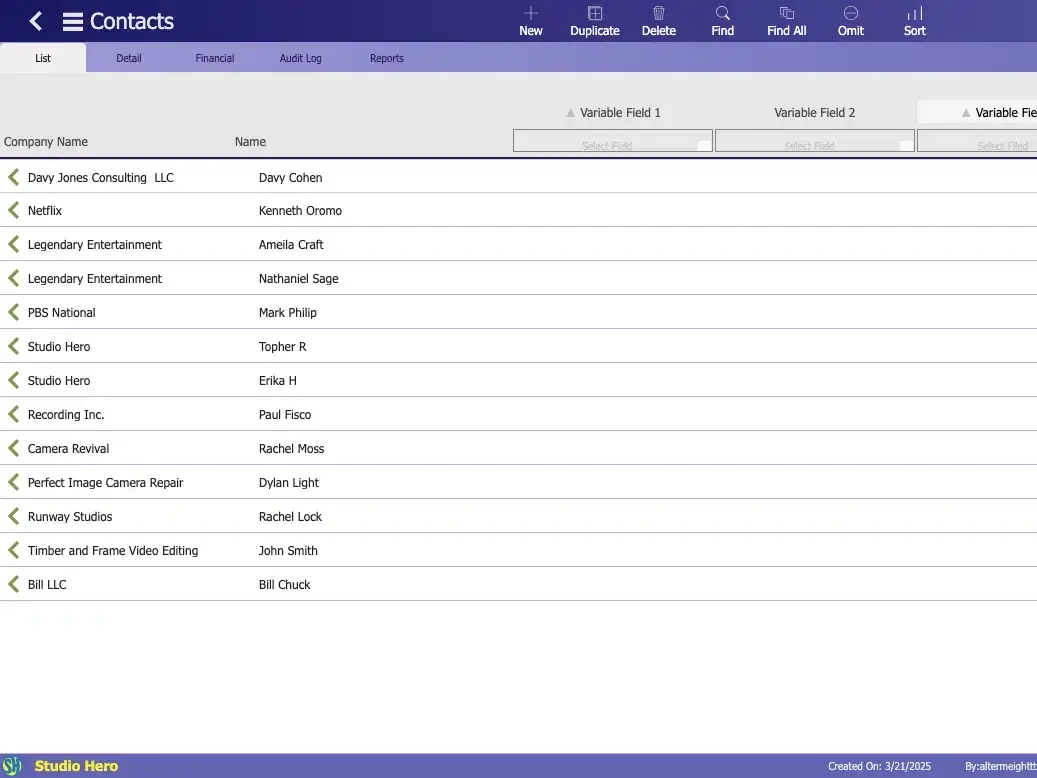 StudioHero Contacts Management List View – centralized contact directory showing all crew, clients, vendors, and partners with quick access to status and search filters.
