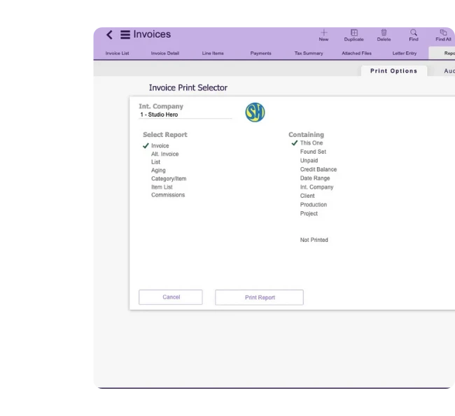 Studio Hero client statement options for paid open credit and outstanding invoice balances