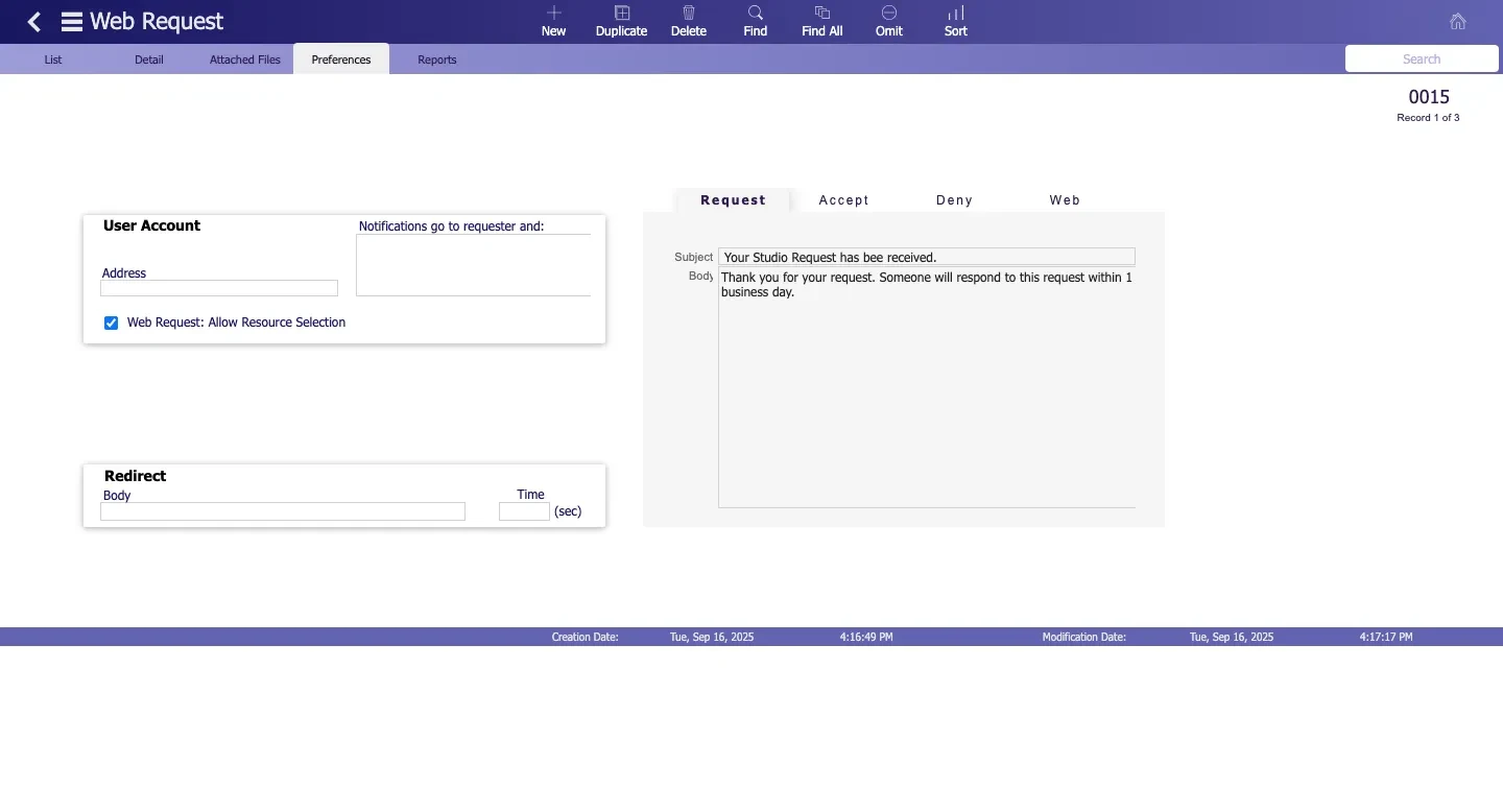 Studio Hero client booking portal preferences with request emails, acceptance and denial templates, and notification recipients