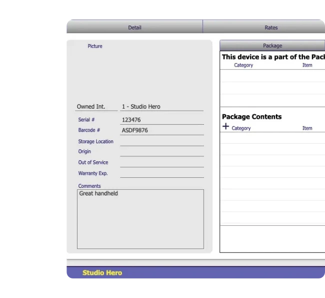 Studio Hero equipment tracking showing storage and installed location details