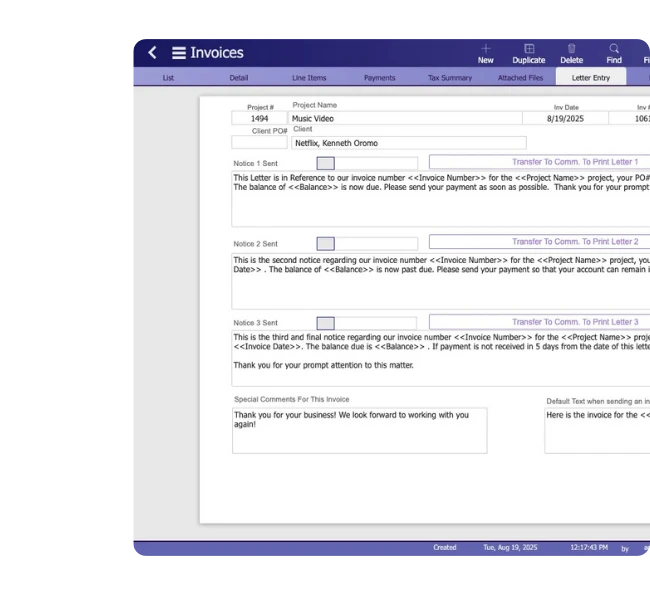 Studio Hero invoice collection notices showing first second and final notices with Client Project and outstanding balance details
