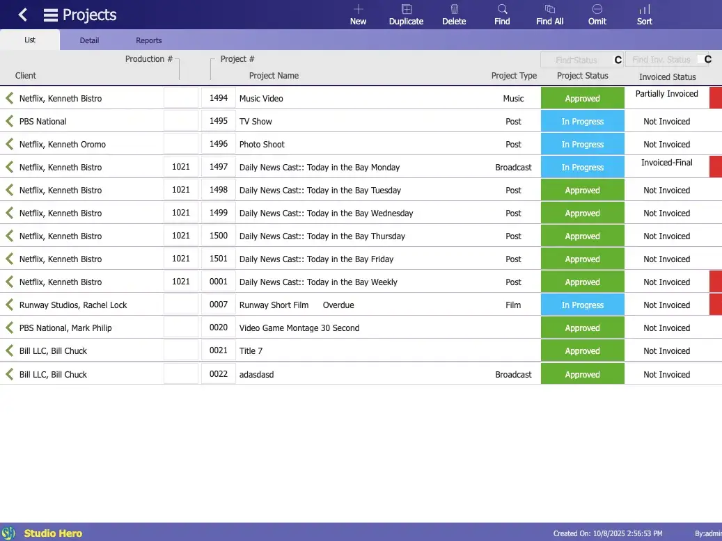 StudioHero Production Project Management projects dashboard showing sortable project records with status indicators, invoicing status, and due date warnings.
