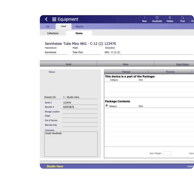Studio Hero equipment tracking showing warranty expiry and maintenance information