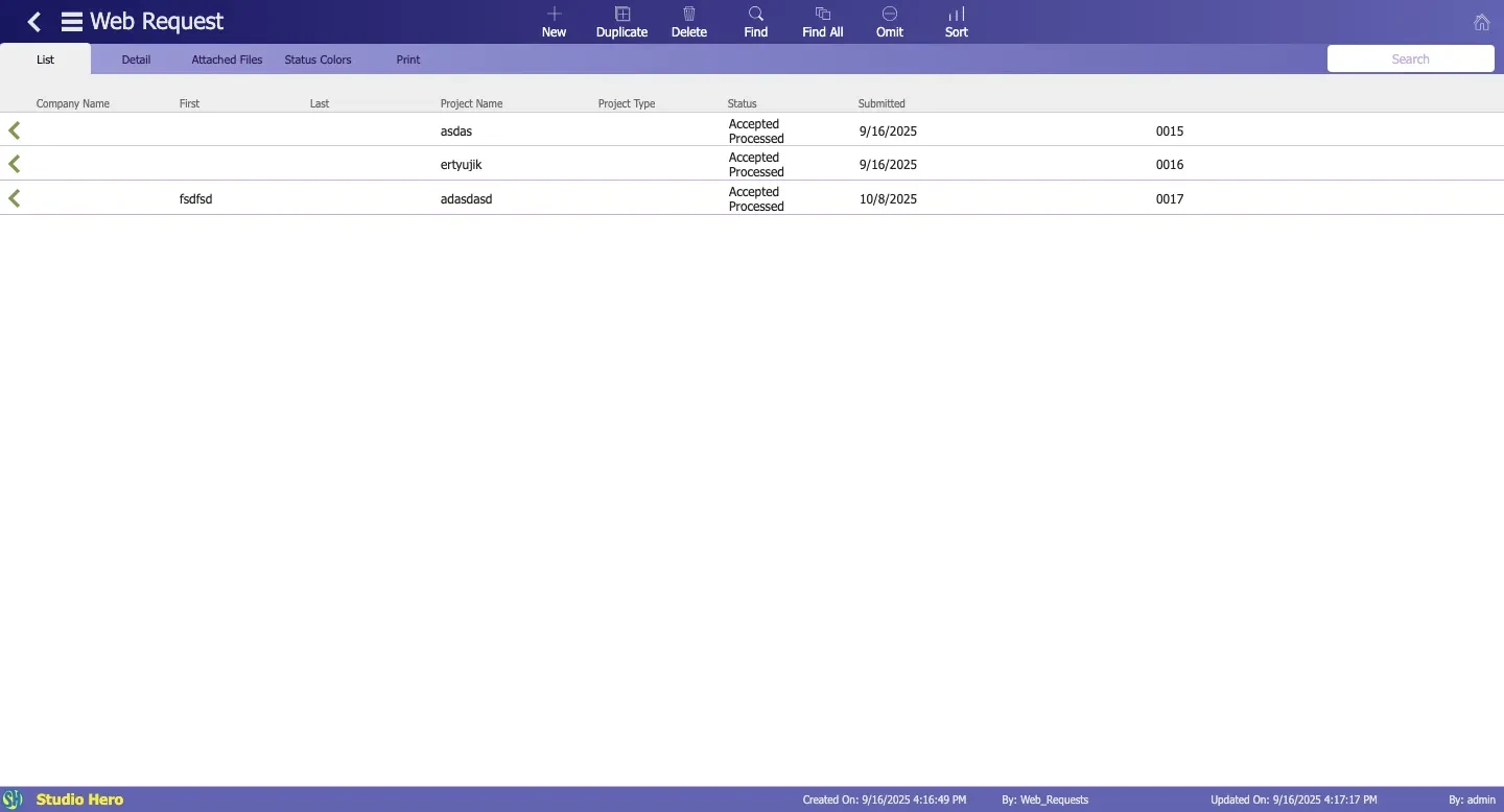 Studio Hero client booking request list with project names, request status, submission dates, and request IDs