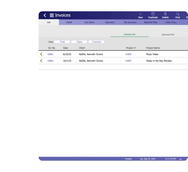 Studio Hero accounts receivable view showing paid open and overdue invoices with amounts status and balances