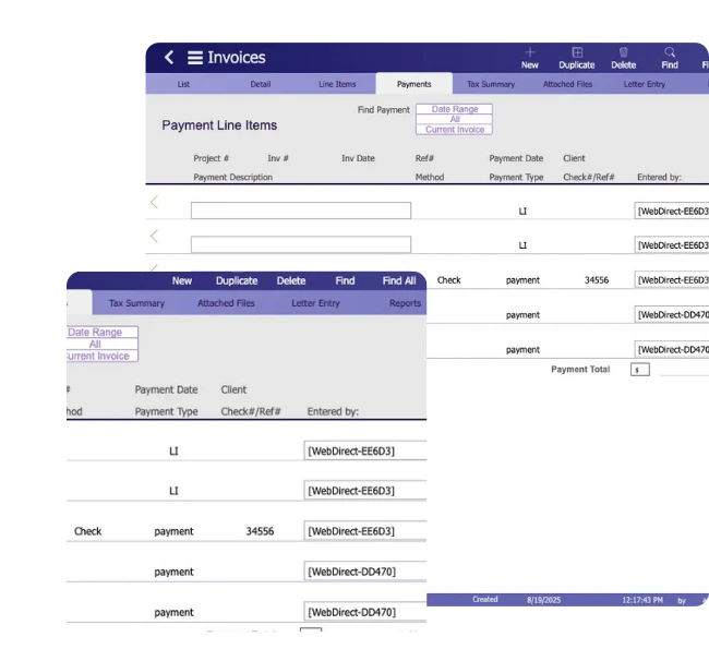 Studio Hero invoice payment tracking showing Project invoice payment method reference amount and accounting export details