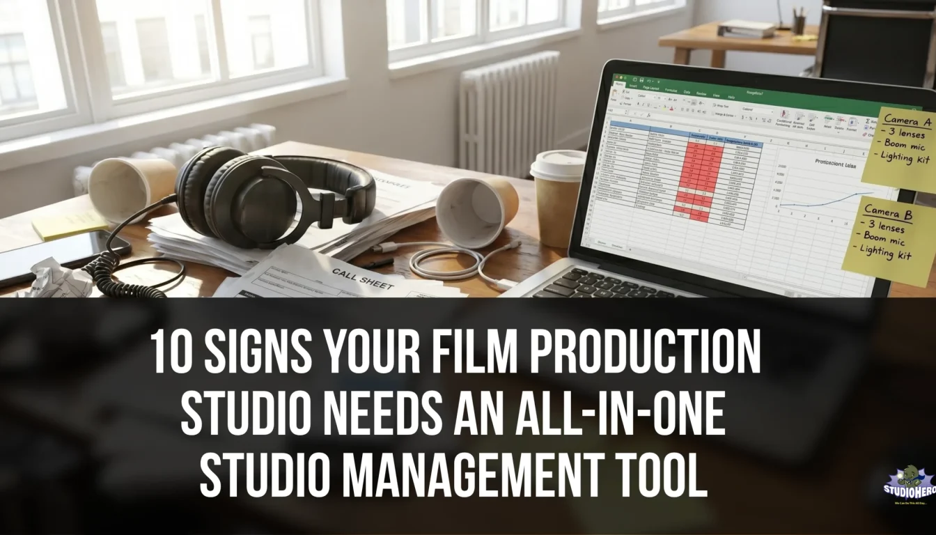 A modern film production studio office desk is cluttered with disorganized paper call sheets, sticky notes with gear lists, two-way radios, and a laptop displaying a complex spreadsheet schedule, illustrating the chaotic workflow that signals a studio needs an all-in-one studio management tool.