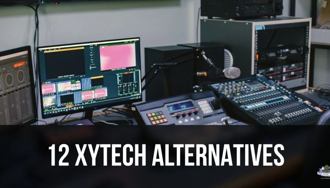 Broadcast production control room featuring dual video editing monitors, an audio mixing console, and a microphone, overlaid with the title "12 Xytech Alternatives" and the Studio Hero logo.