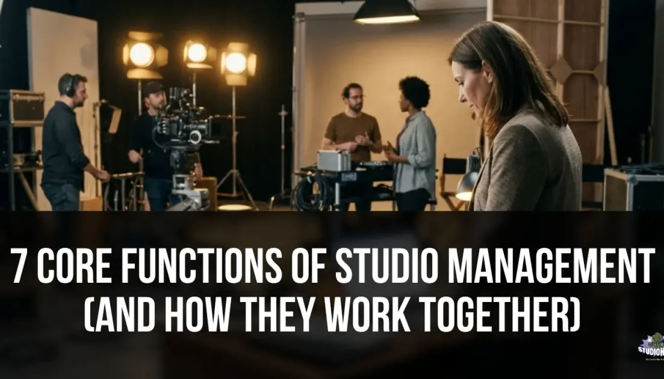 A production manager coordinating with a film crew on an active studio set, demonstrating the seven core functions of studio management including production scheduling, team coordination, and equipment resource management.