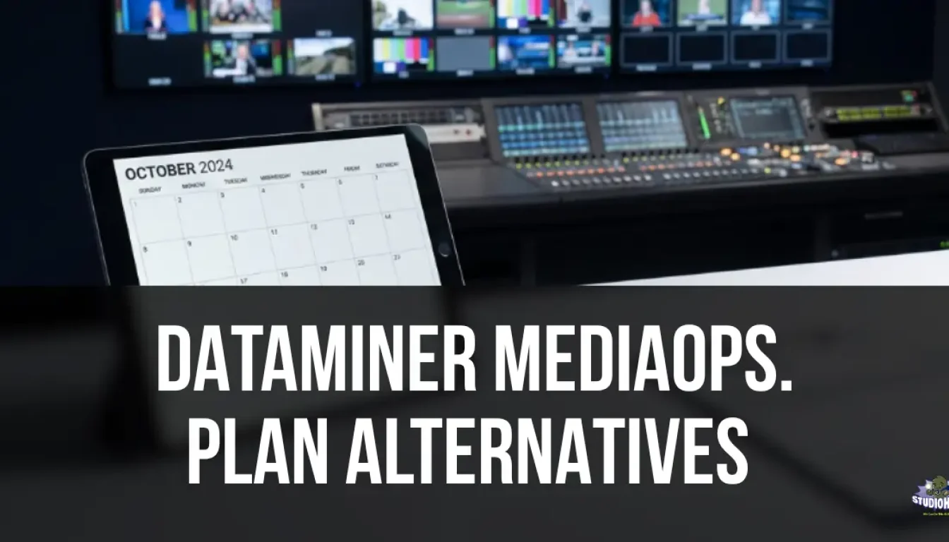 A tablet displaying a digital production calendar sits on a desk in the foreground, with an out-of-focus broadcast master control room (MCR) featuring mixing consoles and monitor walls in the background. This illustrates the transition from enterprise broadcast orchestration to the accessible facility scheduling provided by DataMiner MediaOps.Plan alternatives.