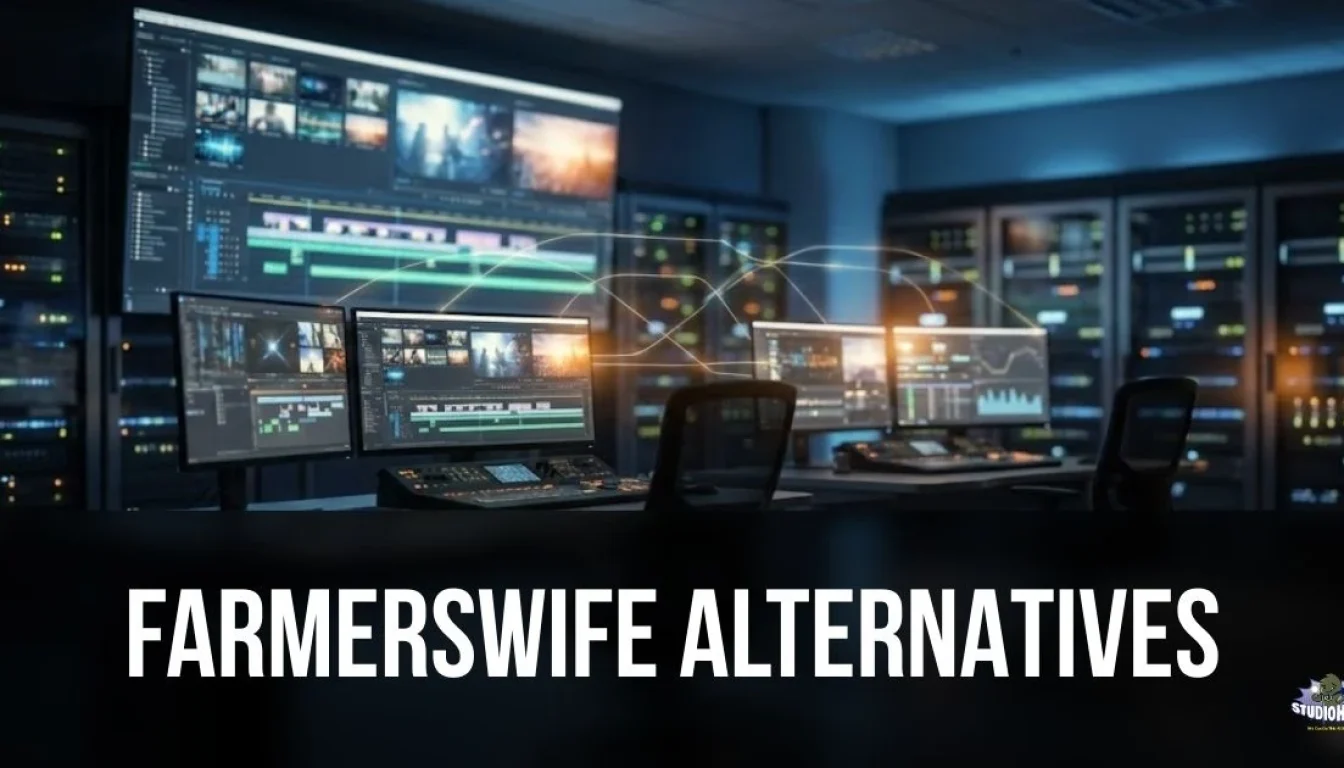 Modern media control room featuring a bank of monitors displaying video editing timelines and broadcast feeds, overlaid with the title "Farmerswife Alternatives" and the Studio Hero logo.