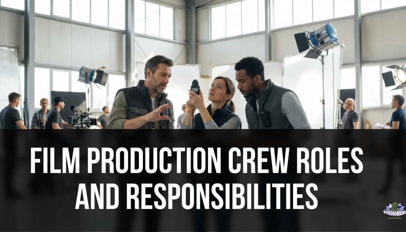Key film production department heads—including the Director, Director of Photography, and First Assistant Director—discussing a shot using a light meter on a busy studio set, illustrating the collaborative film production crew roles and responsibilities required in professional crew management and film production scheduling.